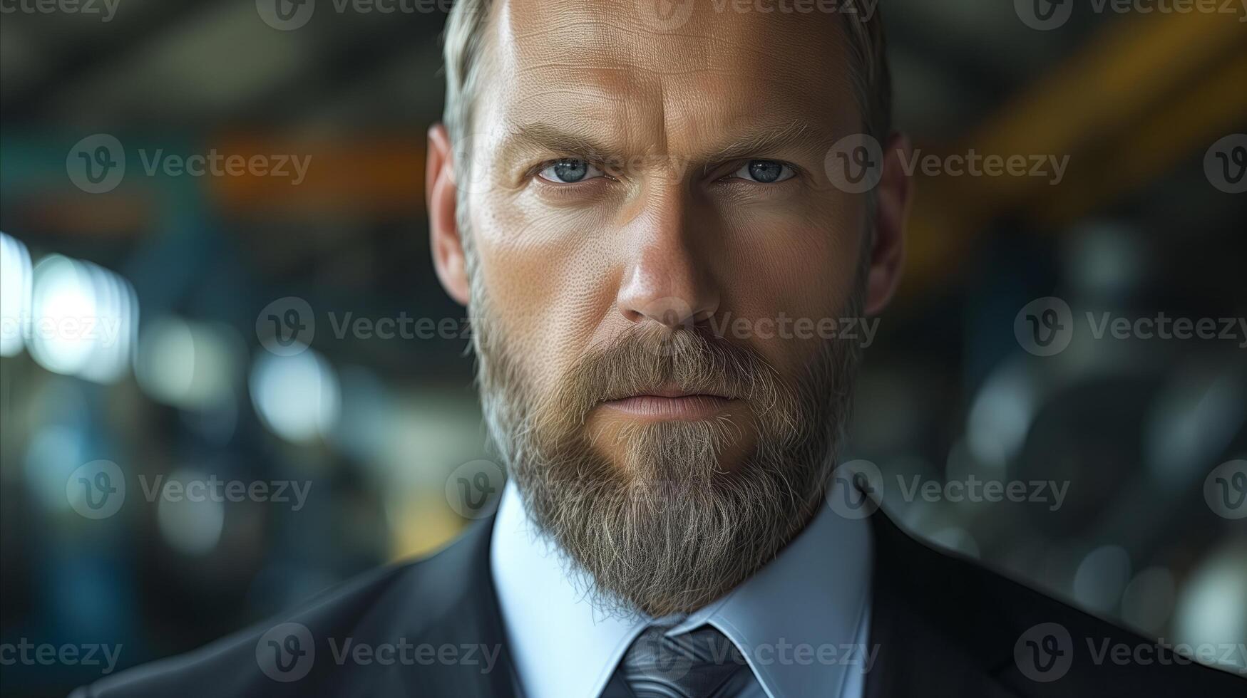 AI generated Confident businessman in a suit with a beard at an industrial site photo