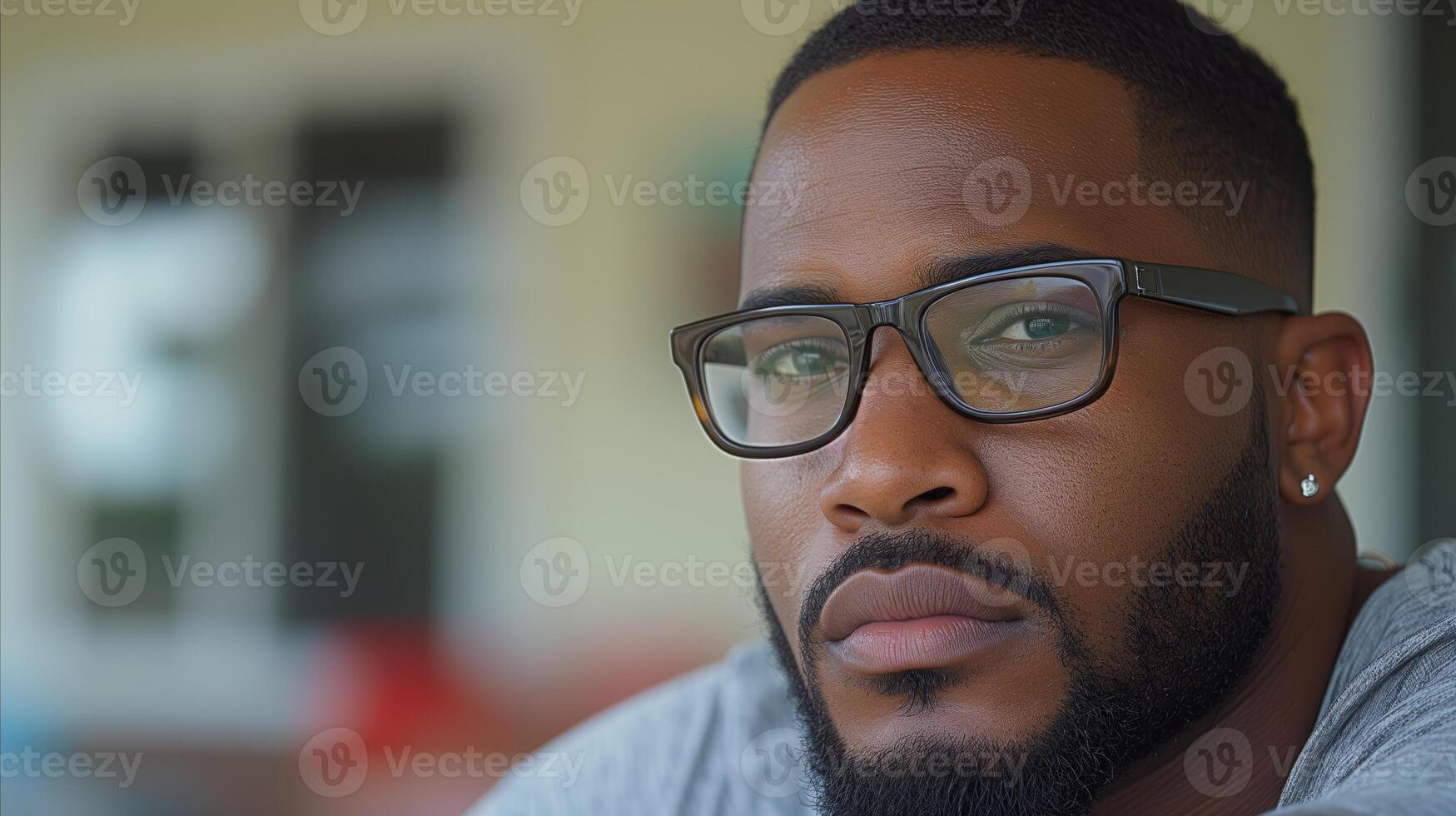 AI generated Close-up portrait of a thoughtful african american man with glasses photo
