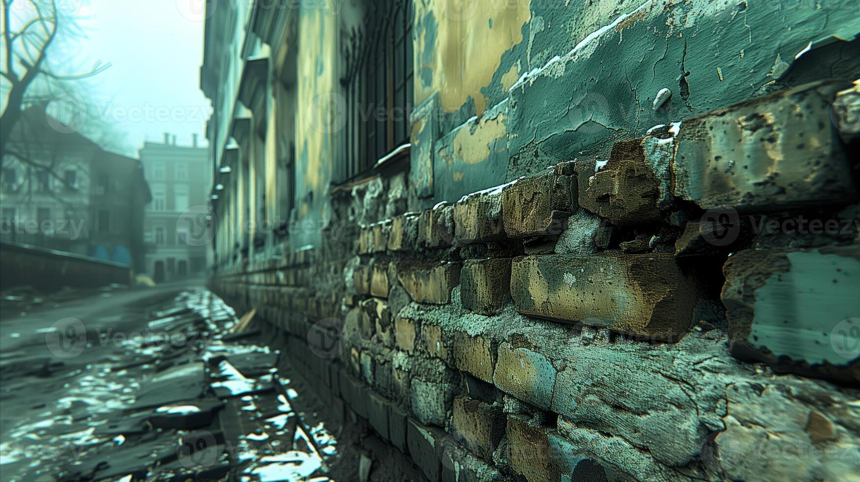 AI generated Old weathered wall on a desolate city street in foggy weather photo
