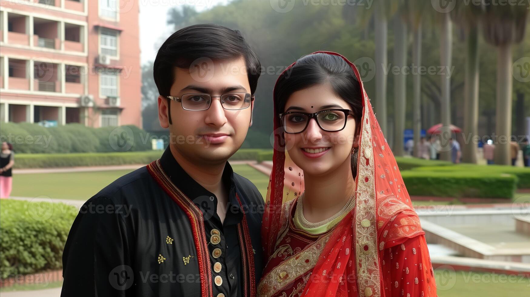 AI generated Traditional south asian couple smiling in cultural attire outdoors photo