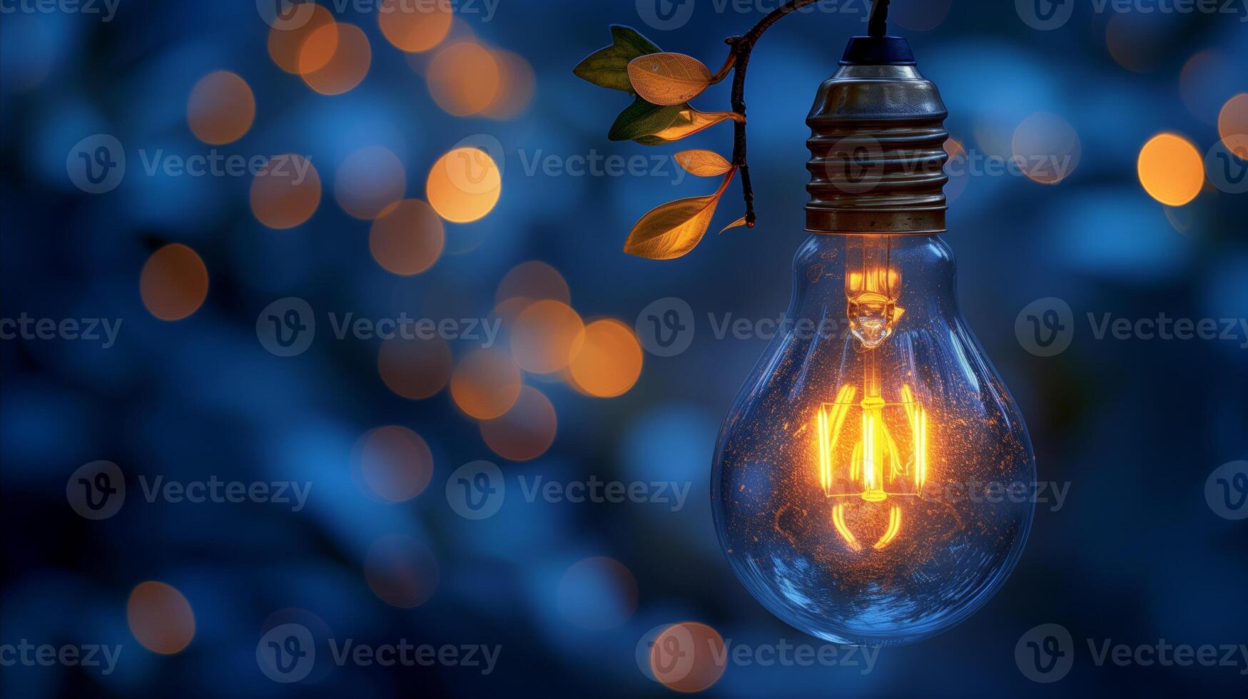 AI generated Glowing light bulb with bokeh background and leaves in evening light photo