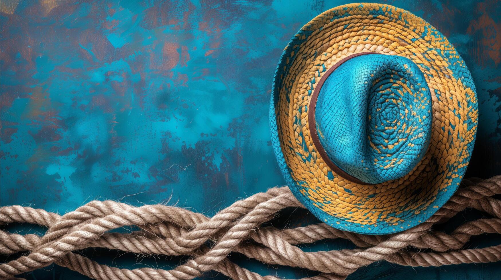 AI generated Straw Hat Resting on Twisted Rope Against a Blue Textured Background photo