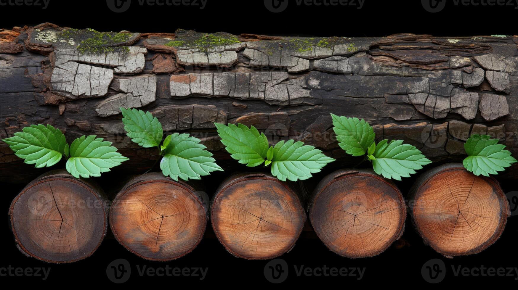 AI generated Forest Log Cross-Section With Wild Strawberry Leaves photo