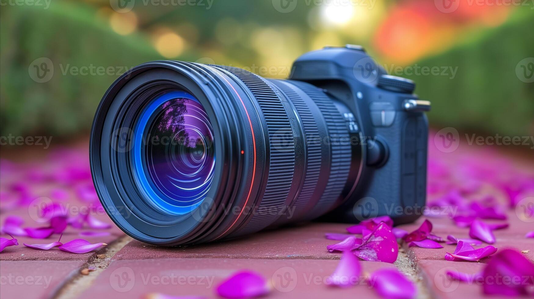 AI generated Professional dslr camera on brick path surrounded by pink petals photo