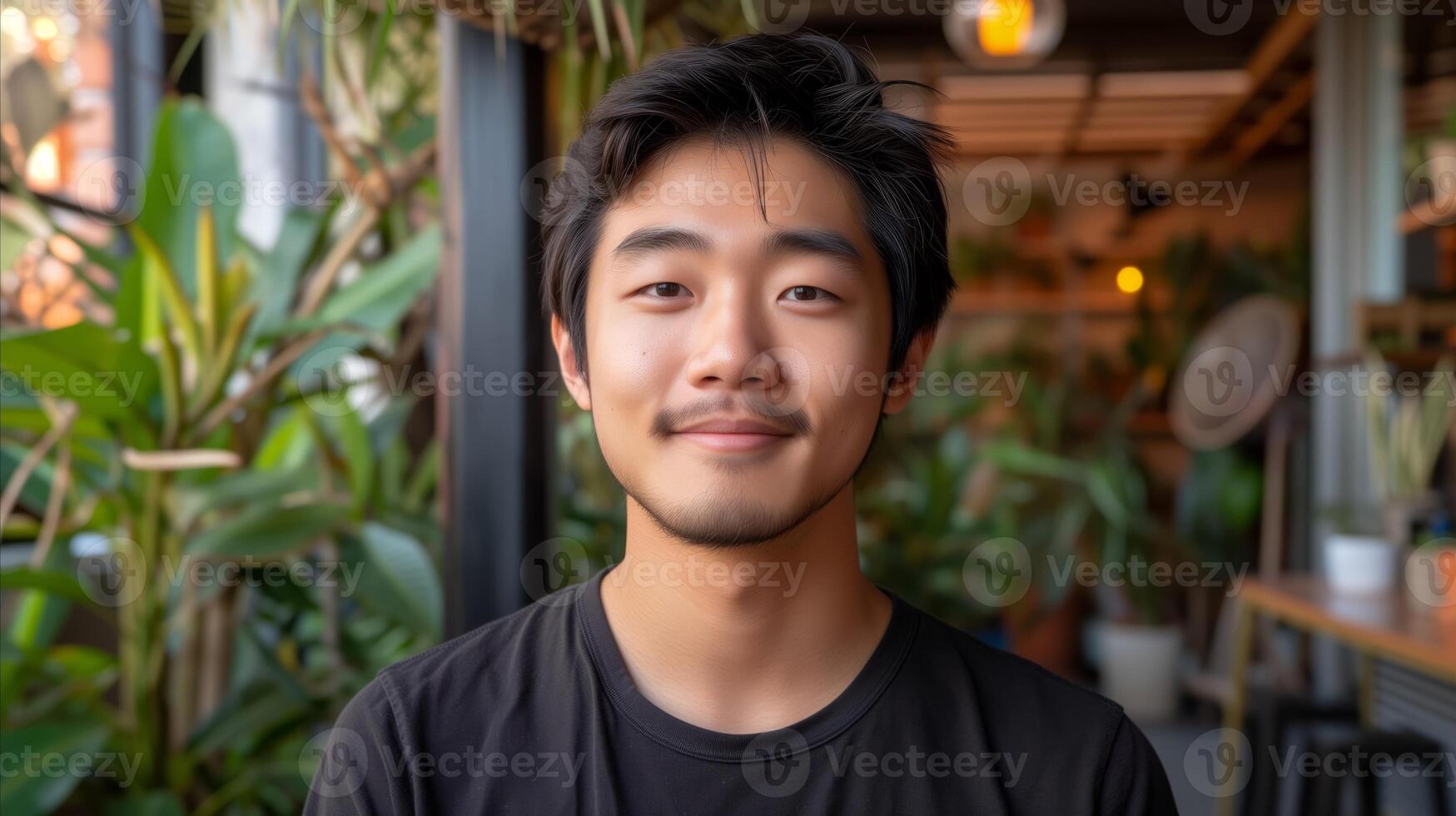 AI generated Young asian man smiling in a cozy cafe environment photo