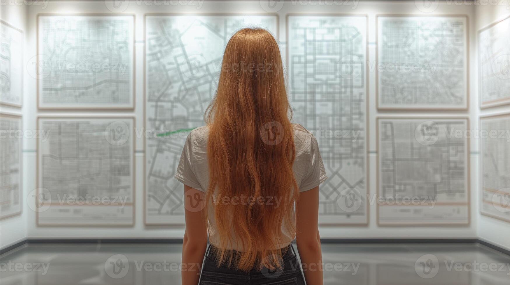 AI generated Woman contemplating city maps on display in modern gallery photo