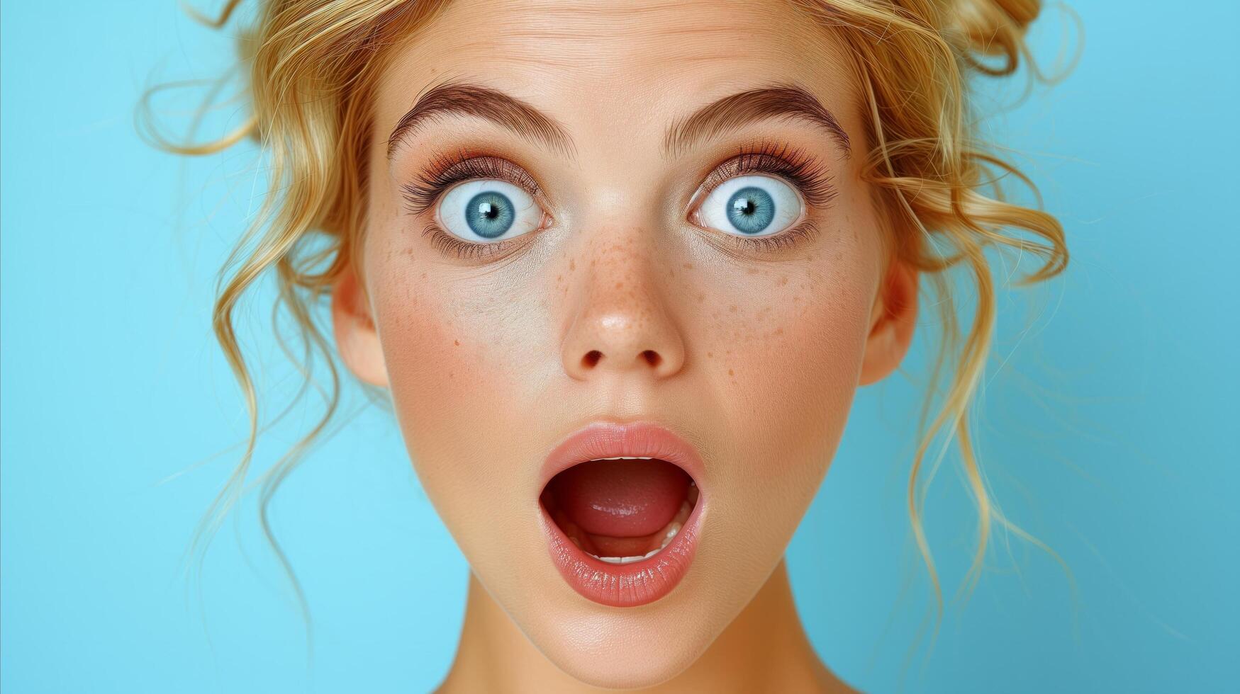 AI generated Surprised young woman with blue eyes and blonde hair on blue background photo