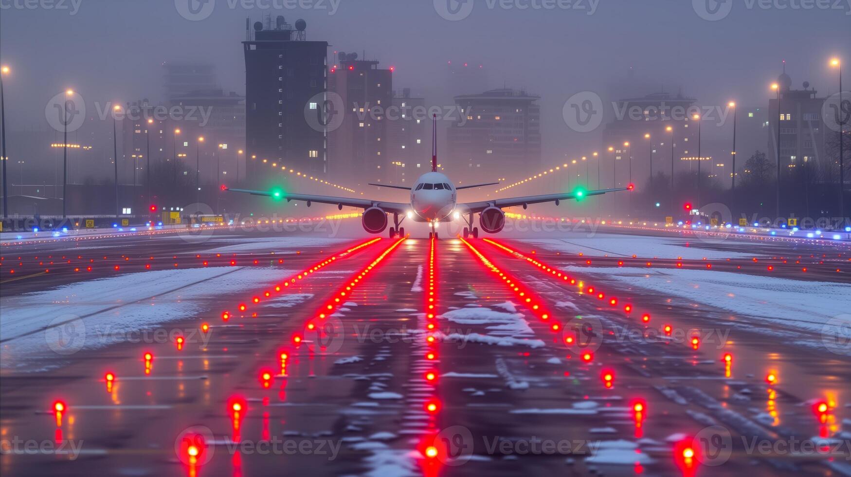 AI generated Commercial Airplane on Snowy Runway at Dusk photo