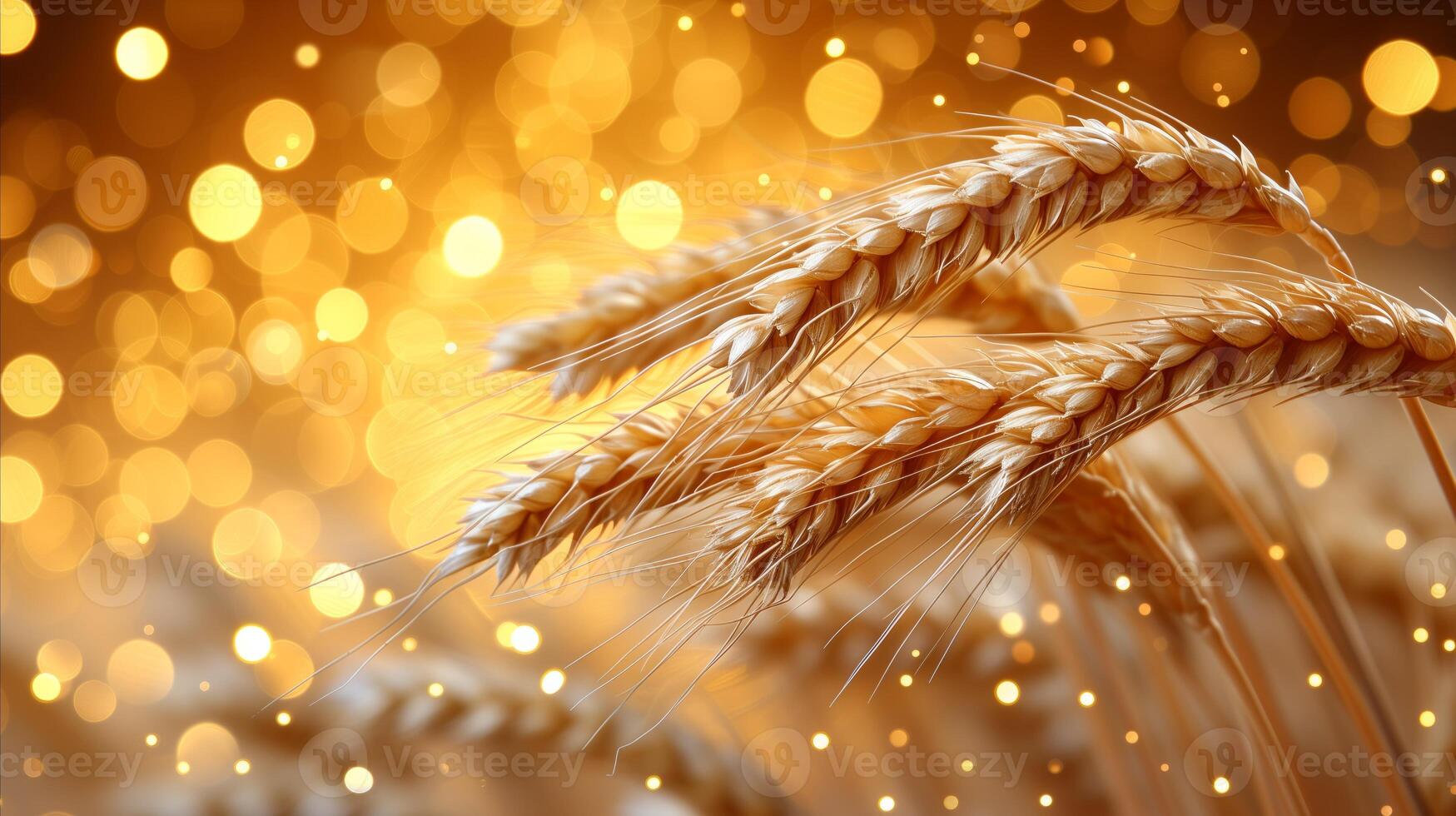 AI generated Golden Wheat Close-Up With Sparkling Bokeh Background photo