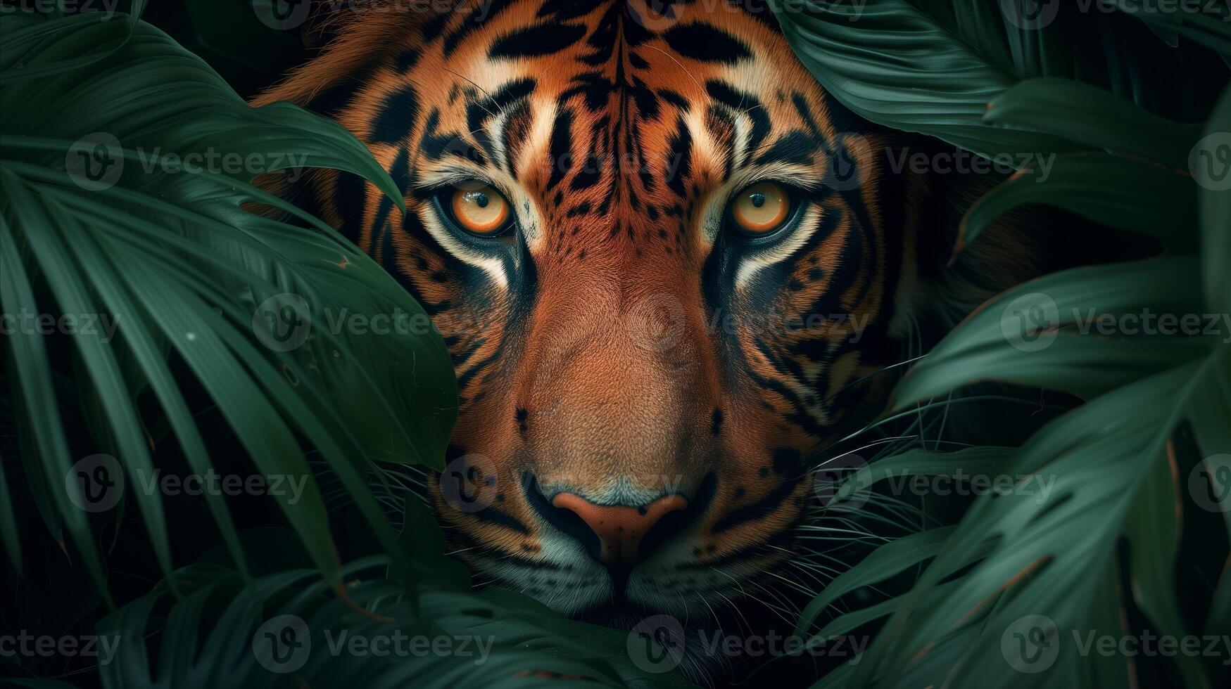 AI generated Close Up of Tiger Surrounded by Leaves photo