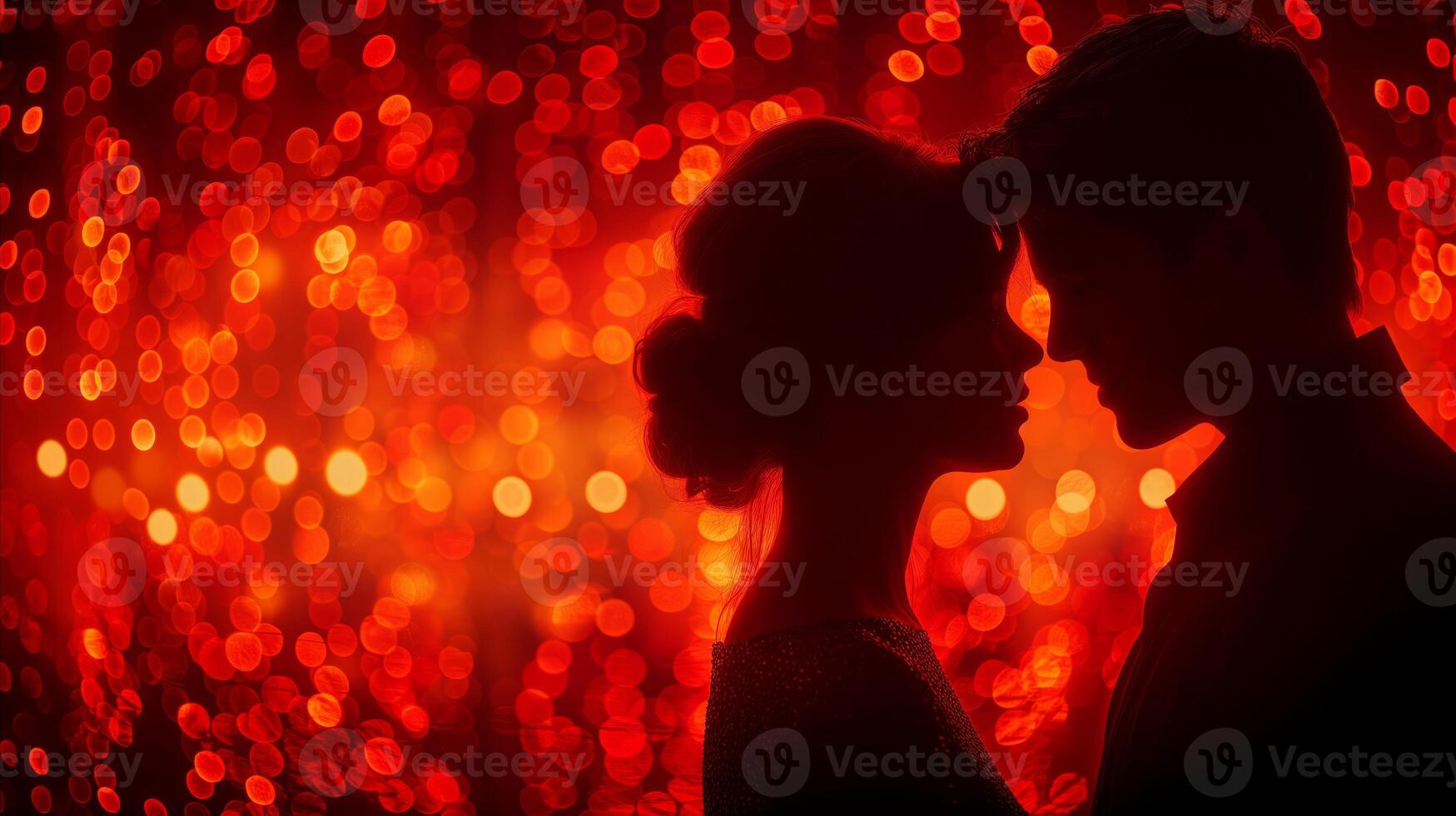AI generated Silhouetted Couple Against a Sparkling Red Bokeh Background photo