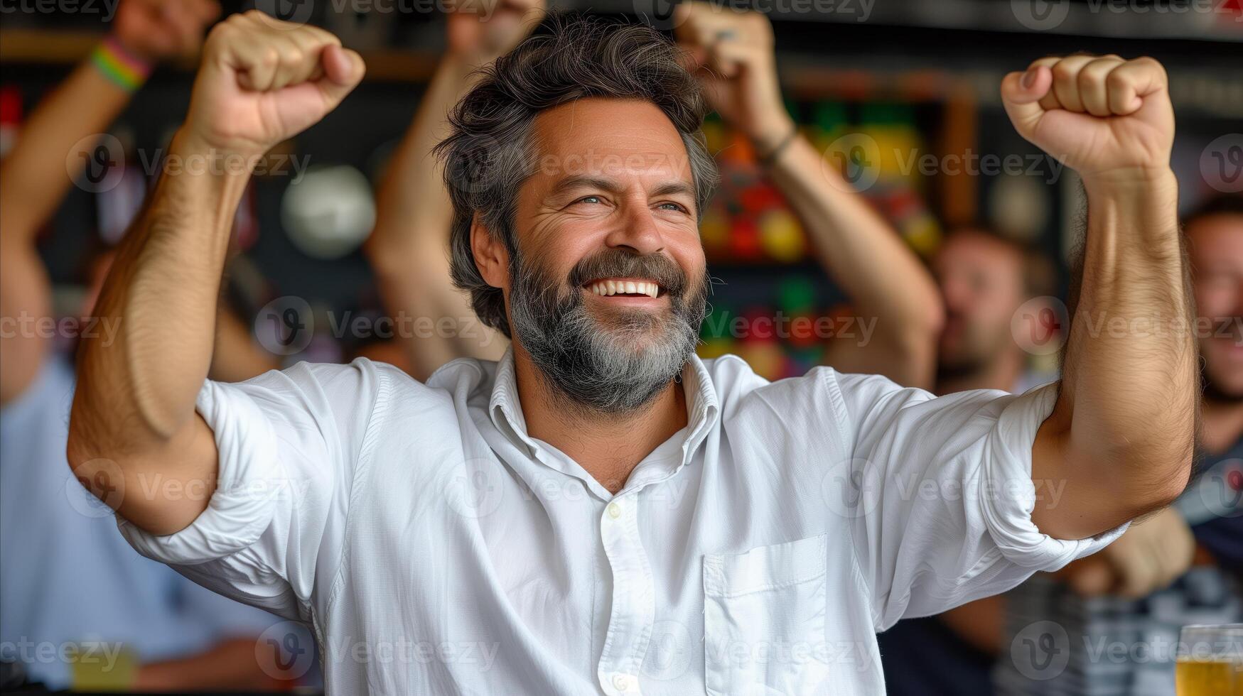AI generated Joyful man celebrating victory at sports event with raised fists photo
