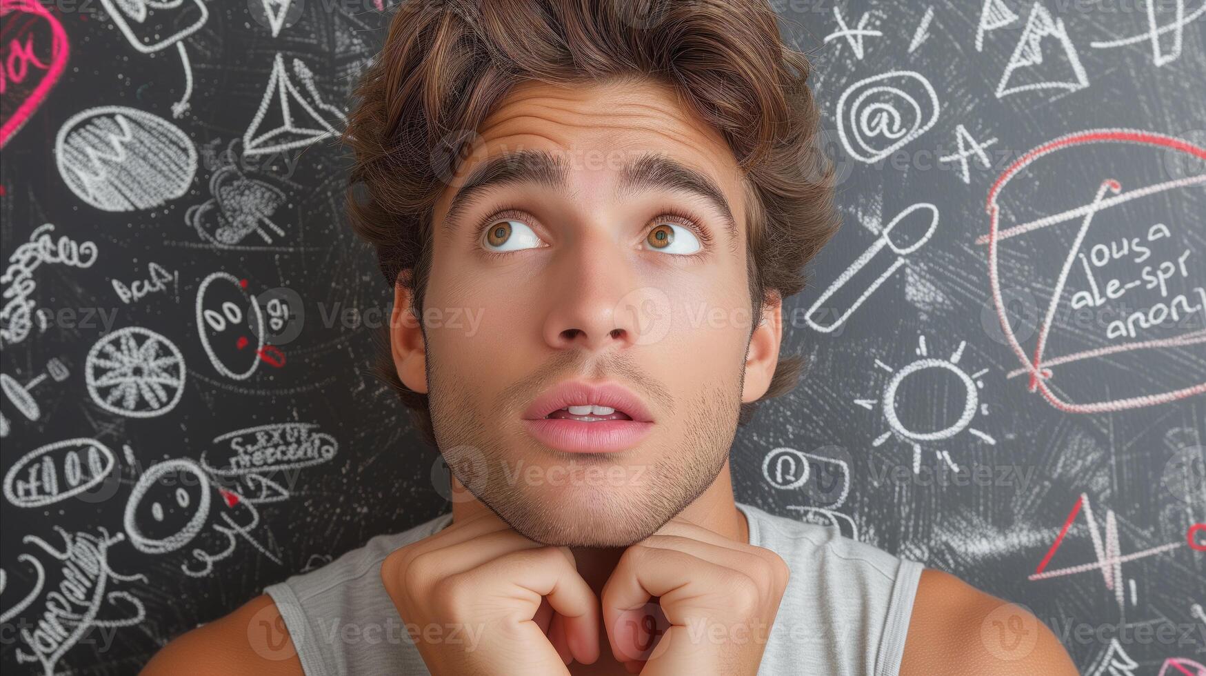 AI generated Thoughtful Young Man With Chalkboard Full of Doodles photo