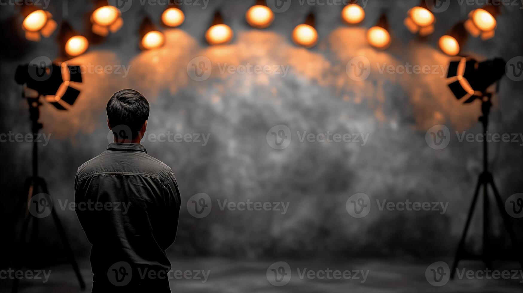 AI generated Man Preparing to Perform on Dimly Lit Stage With Spotlights photo