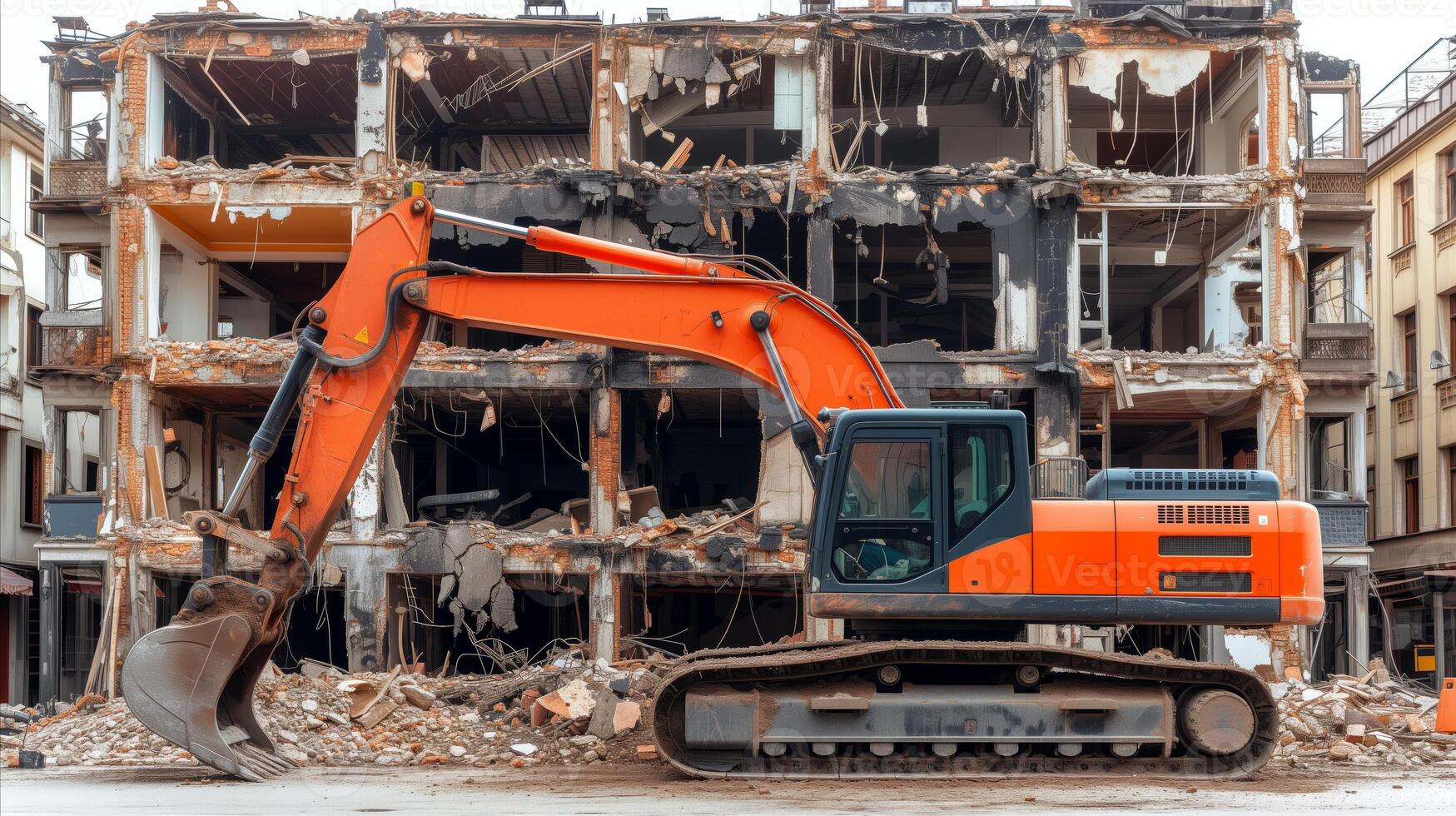 AI generated Excavator Demolishing Building in Urban Area During Daylight photo