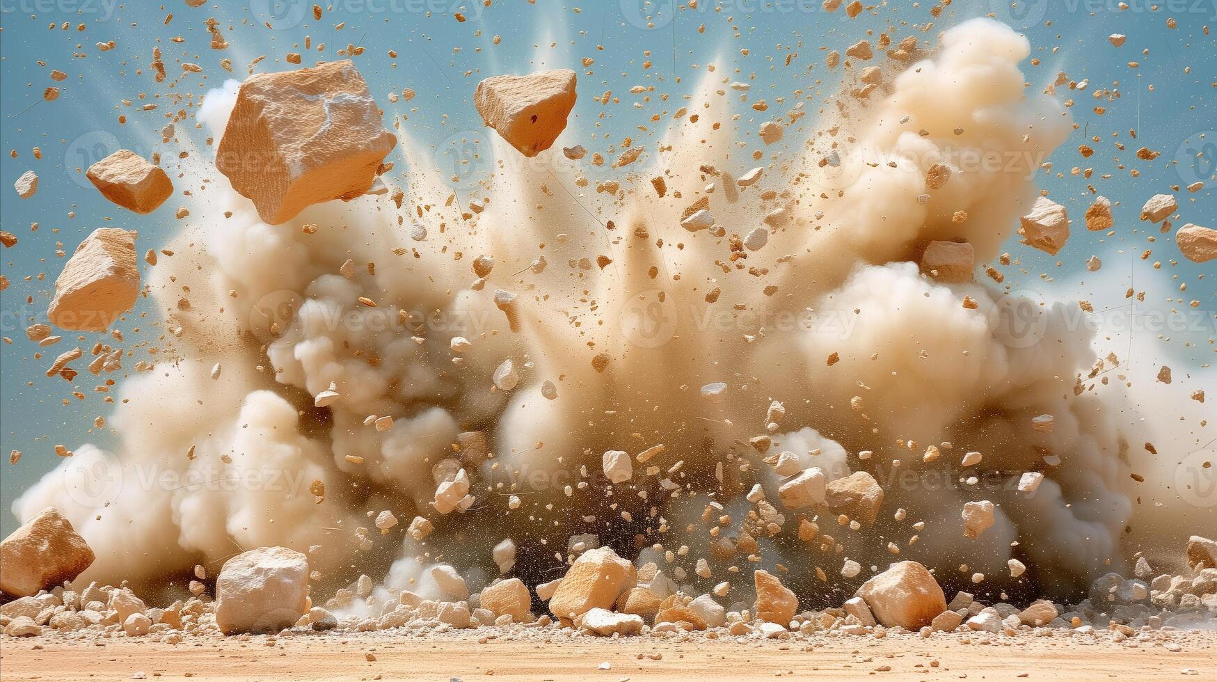 AI generated Explosive ground burst with rocks and dust in the air photo