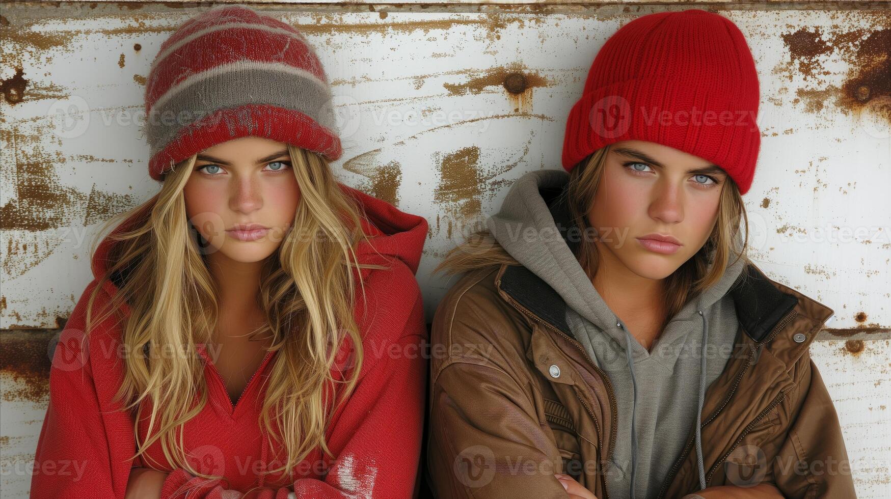 AI generated Twin Sisters in Colorful Beanies Leaning Against Rustic Background photo