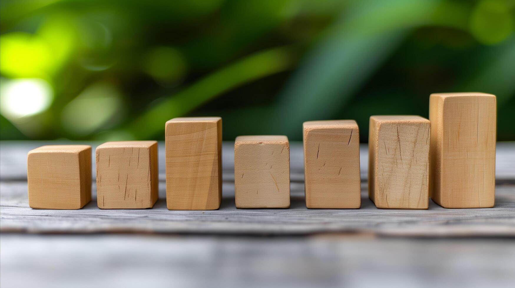 AI generated Wooden blocks in a row on a table with green bokeh background photo