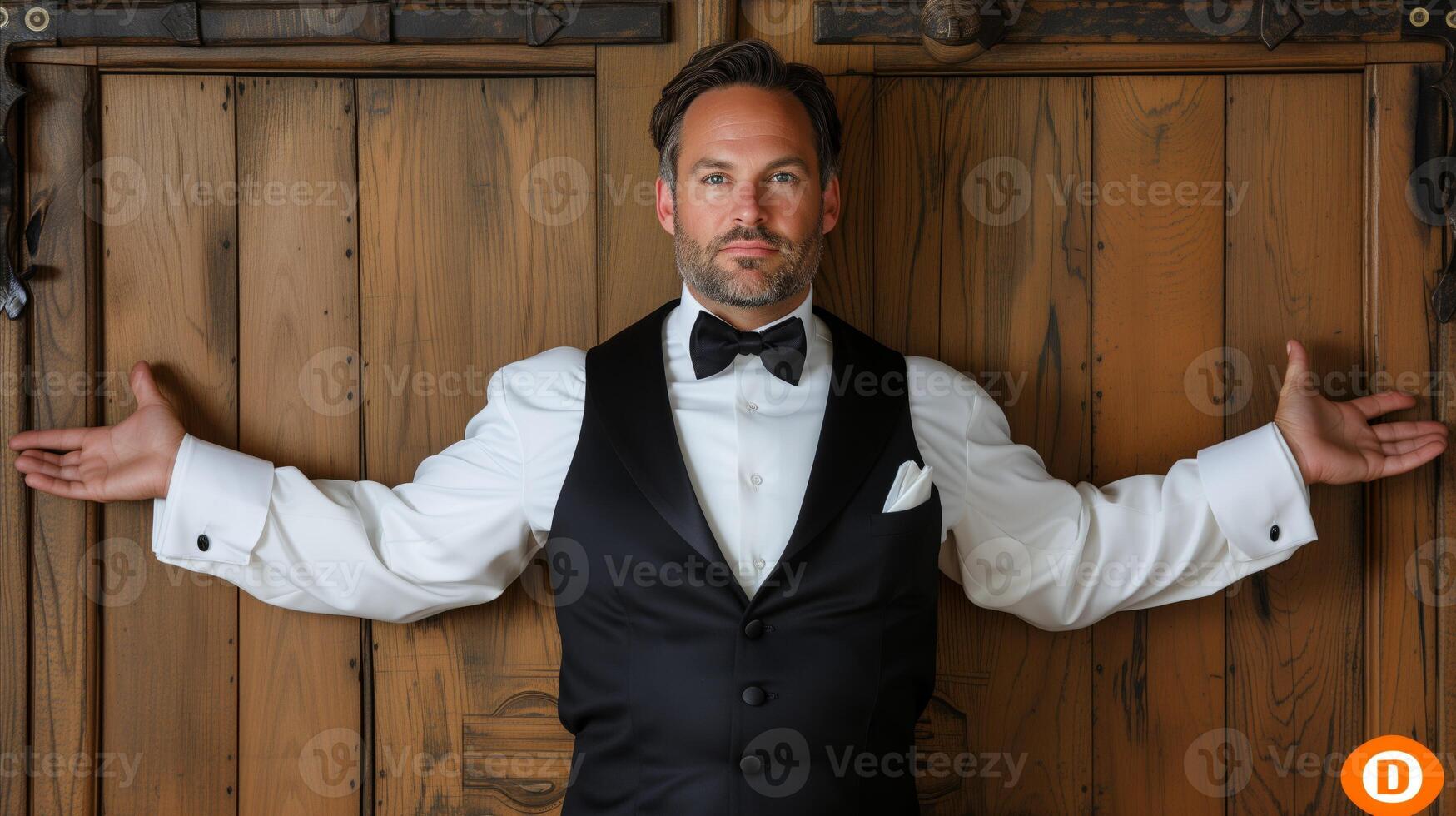 AI generated Confident Man in Tuxedo Posing Against Wooden Background photo