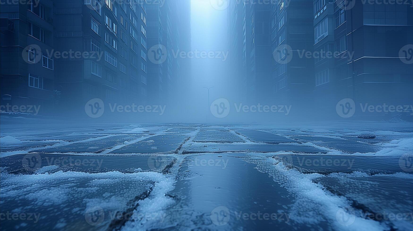 AI generated Misty winter morning in the city with snow-covered streets photo