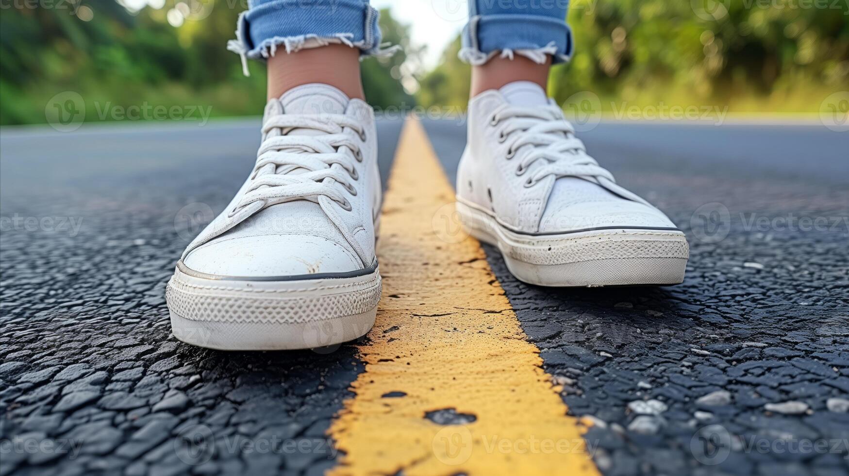 AI generated Close-up of white sneakers on asphalt road with yellow line photo