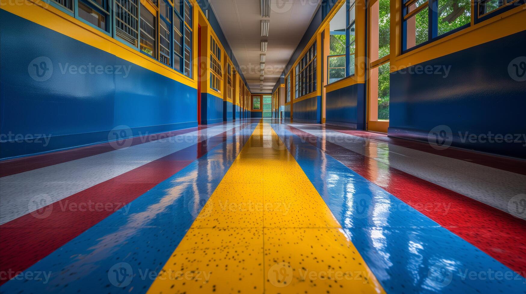 AI generated Colorful school hallway with brightly painted walls and floor photo