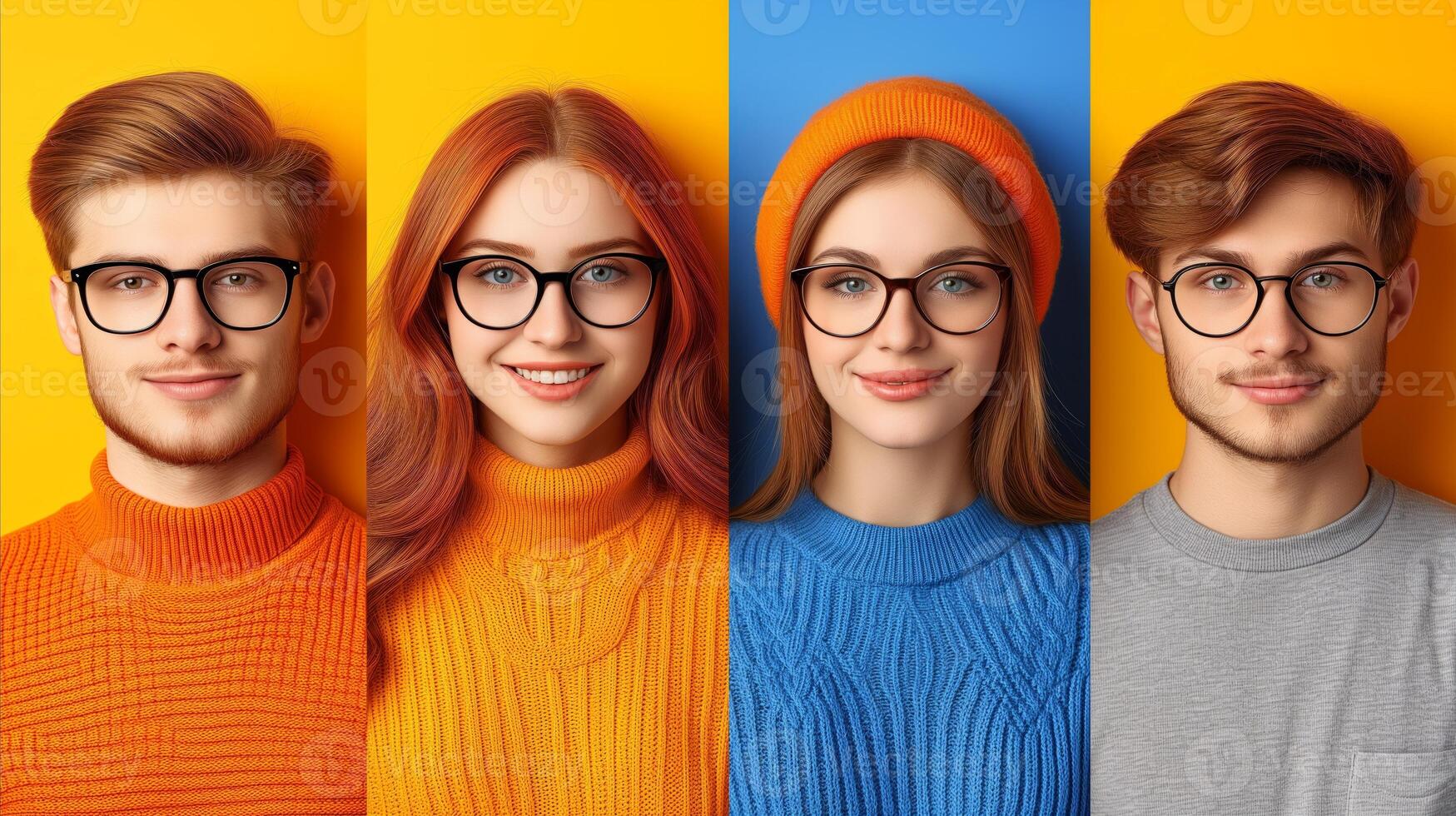 AI generated Four different colored sweaters and glasses on young adults photo