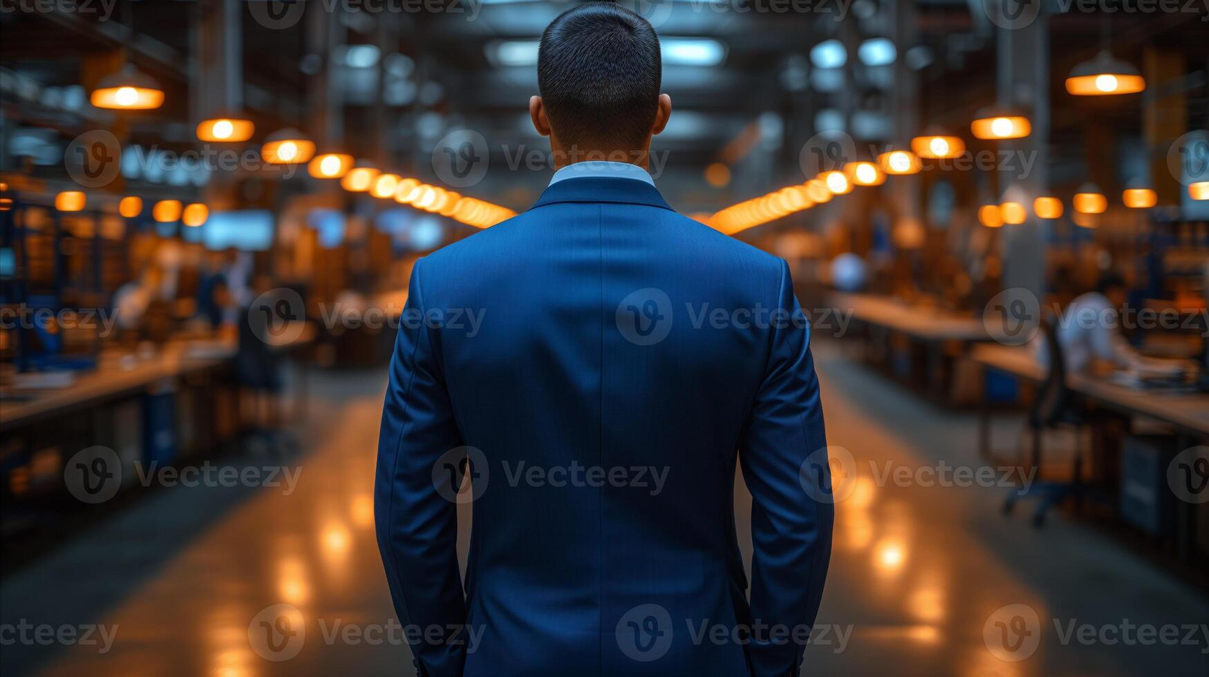 AI generated Businessman Overseeing Nighttime Factory Production Floor photo