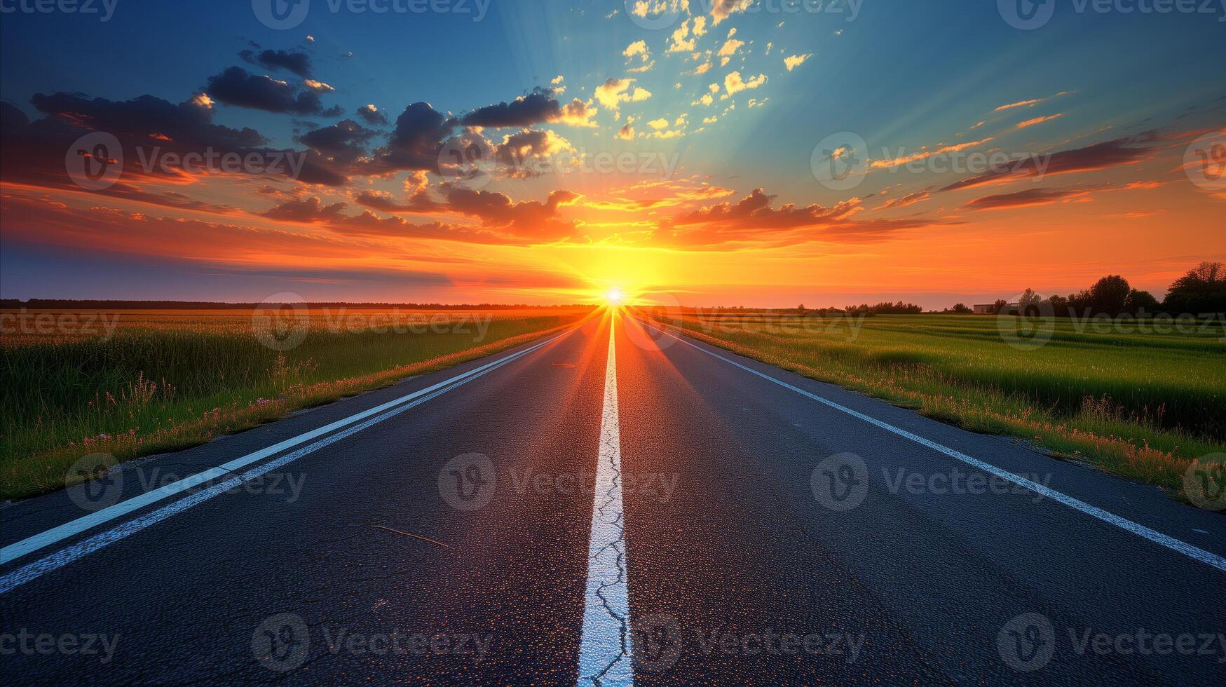 AI generated Stunning sunset view on an open road surrounded by fields photo
