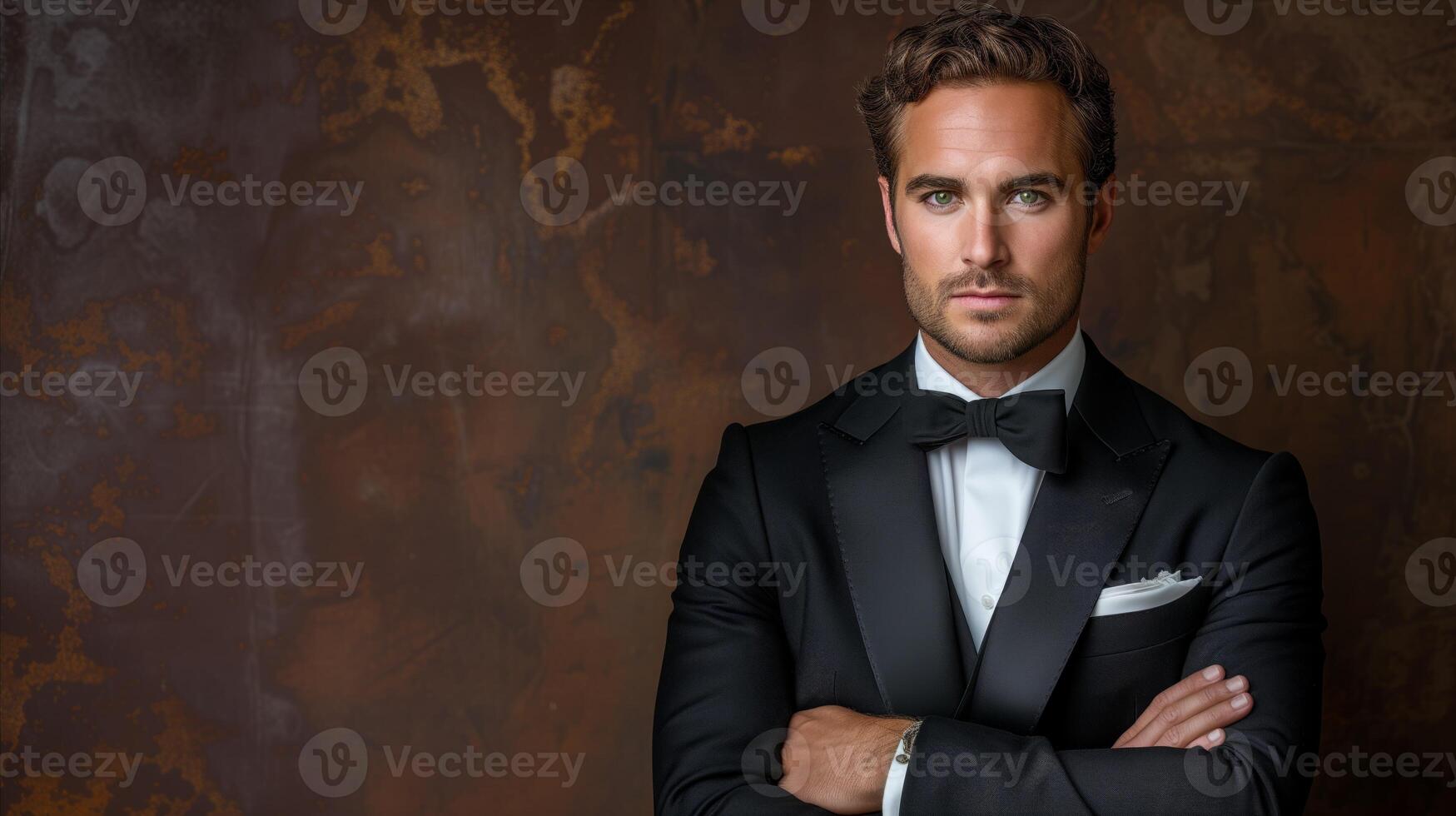 AI generated Confident handsome man in a tuxedo with a bow tie on a textured background photo