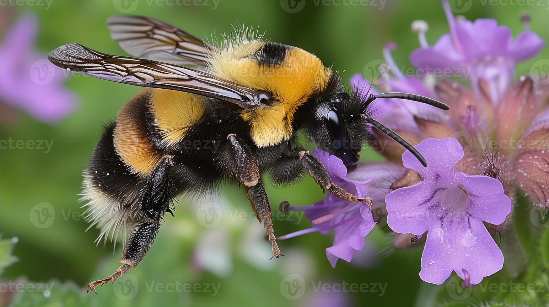 AI generated Close Up of Bee Gathering Nectar on Flower photo