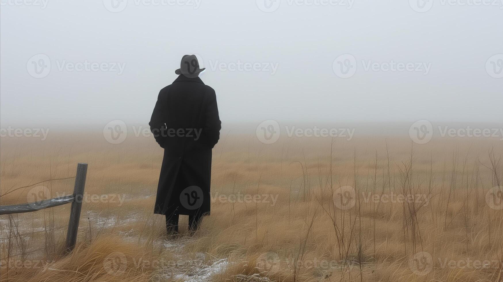 AI generated Solitary Figure in a Misty Field at Dawn photo