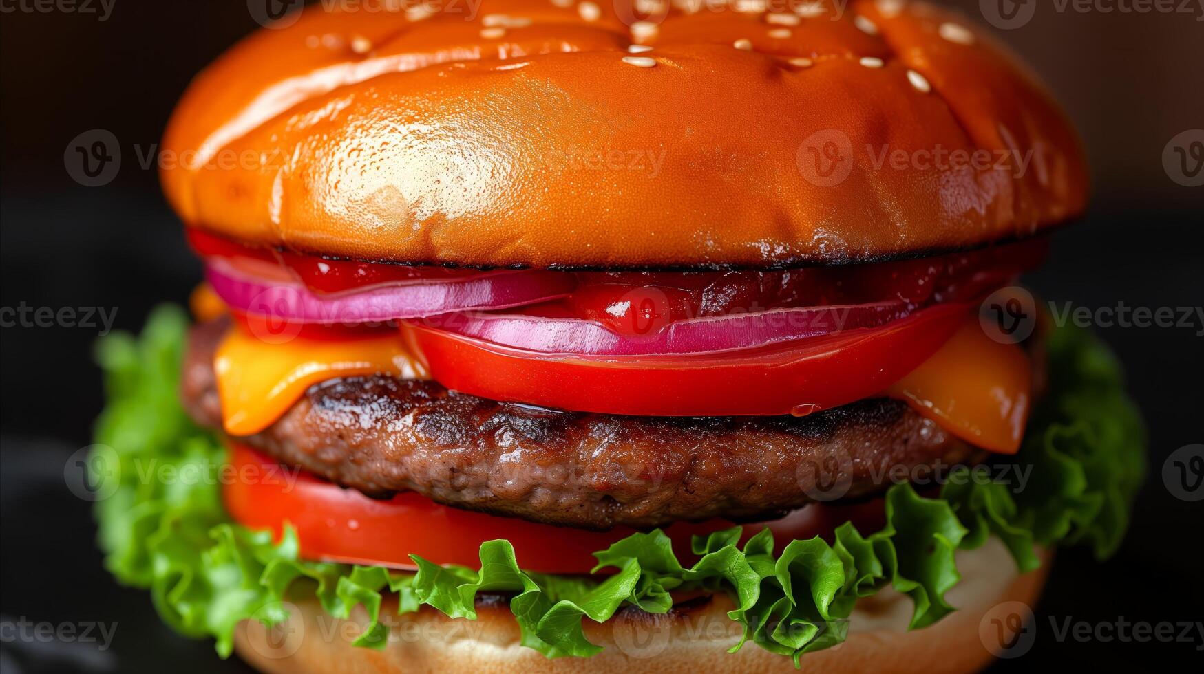 AI generated Close-up image of a delicious cheeseburger with fresh vegetables and beef patty photo