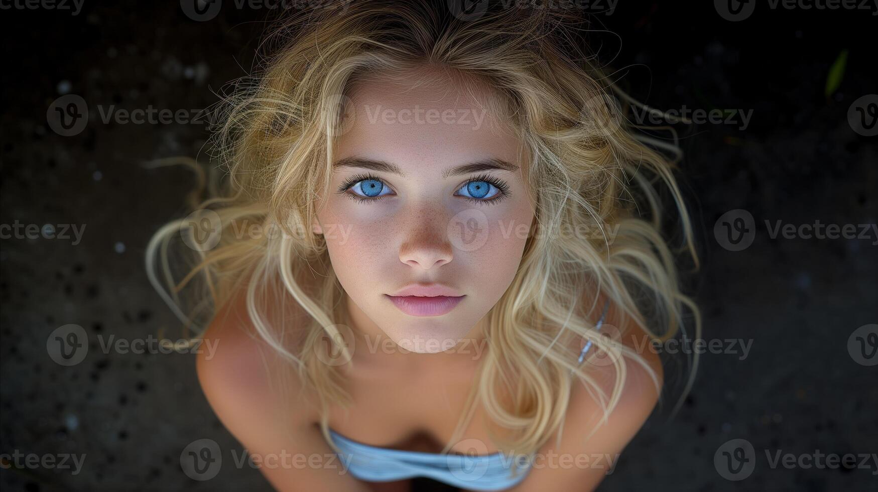 AI generated Captivating blue-eyed woman looking up at camera photo