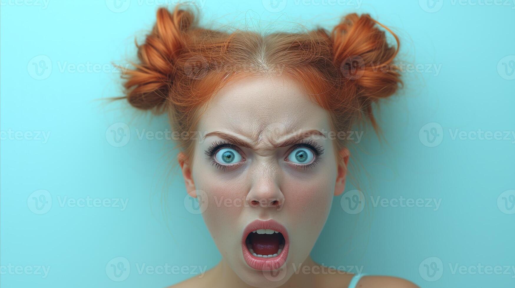 AI generated Shocked redhead woman with wide eyes and open mouth on blue background photo