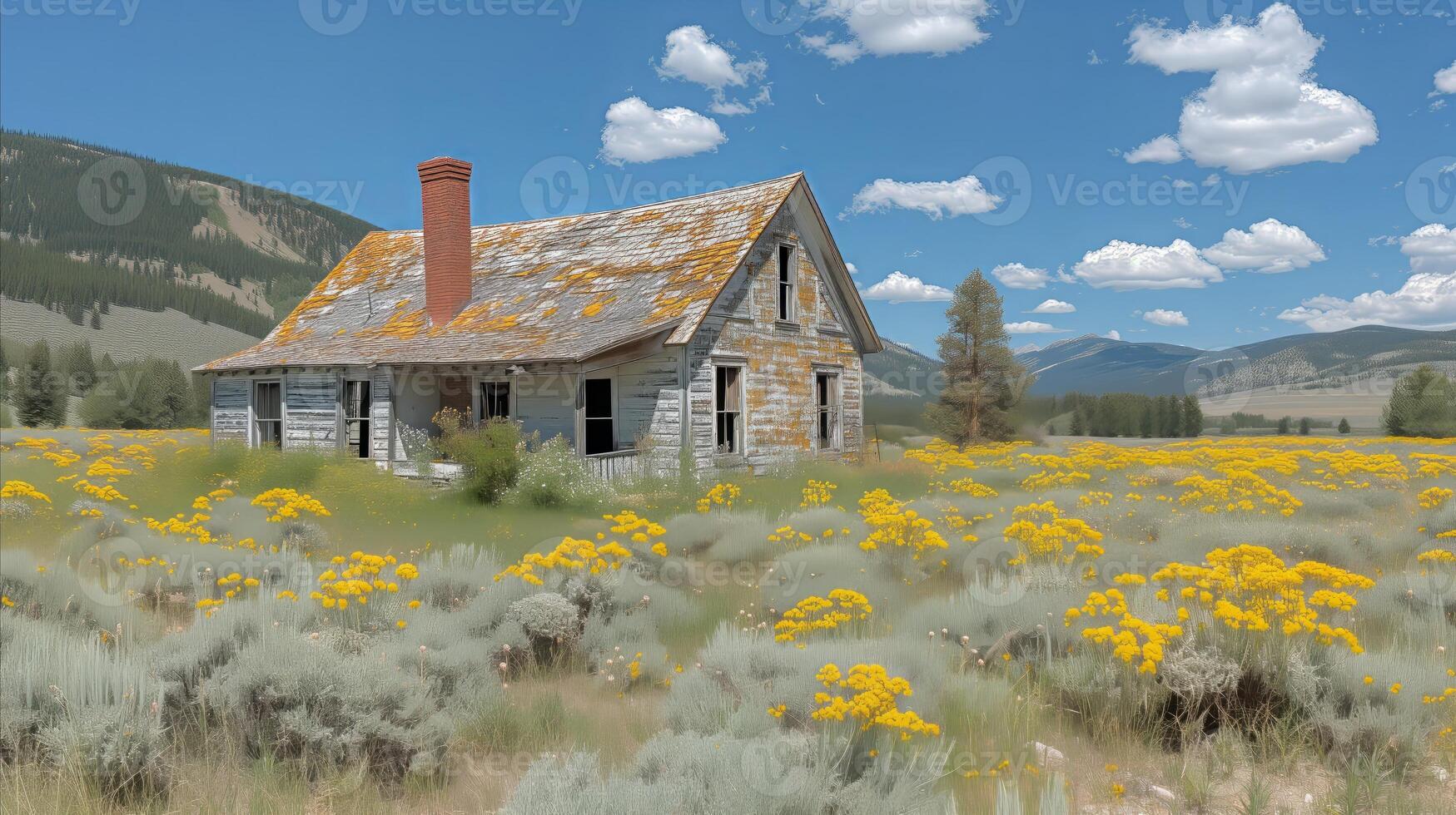 AI generated Abandoned Wooden House Amidst Yellow Wildflowers in a Rural Field photo