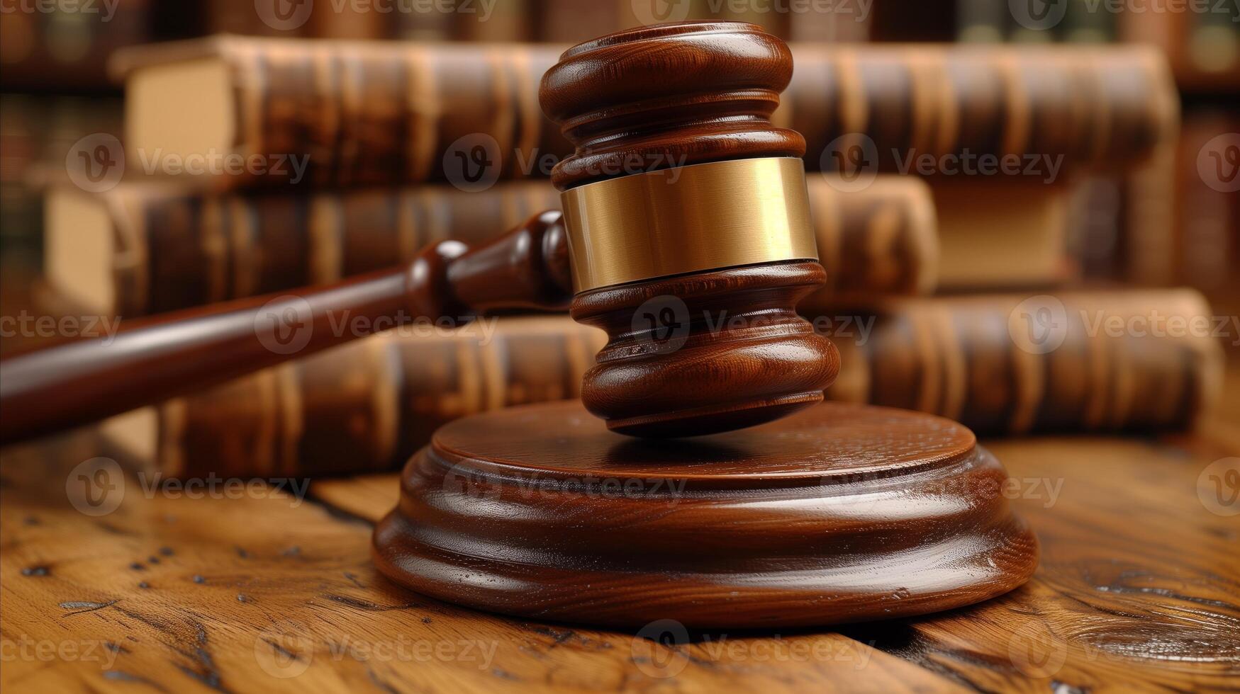AI generated Close-up of gavel in courthouse with legal books in background photo