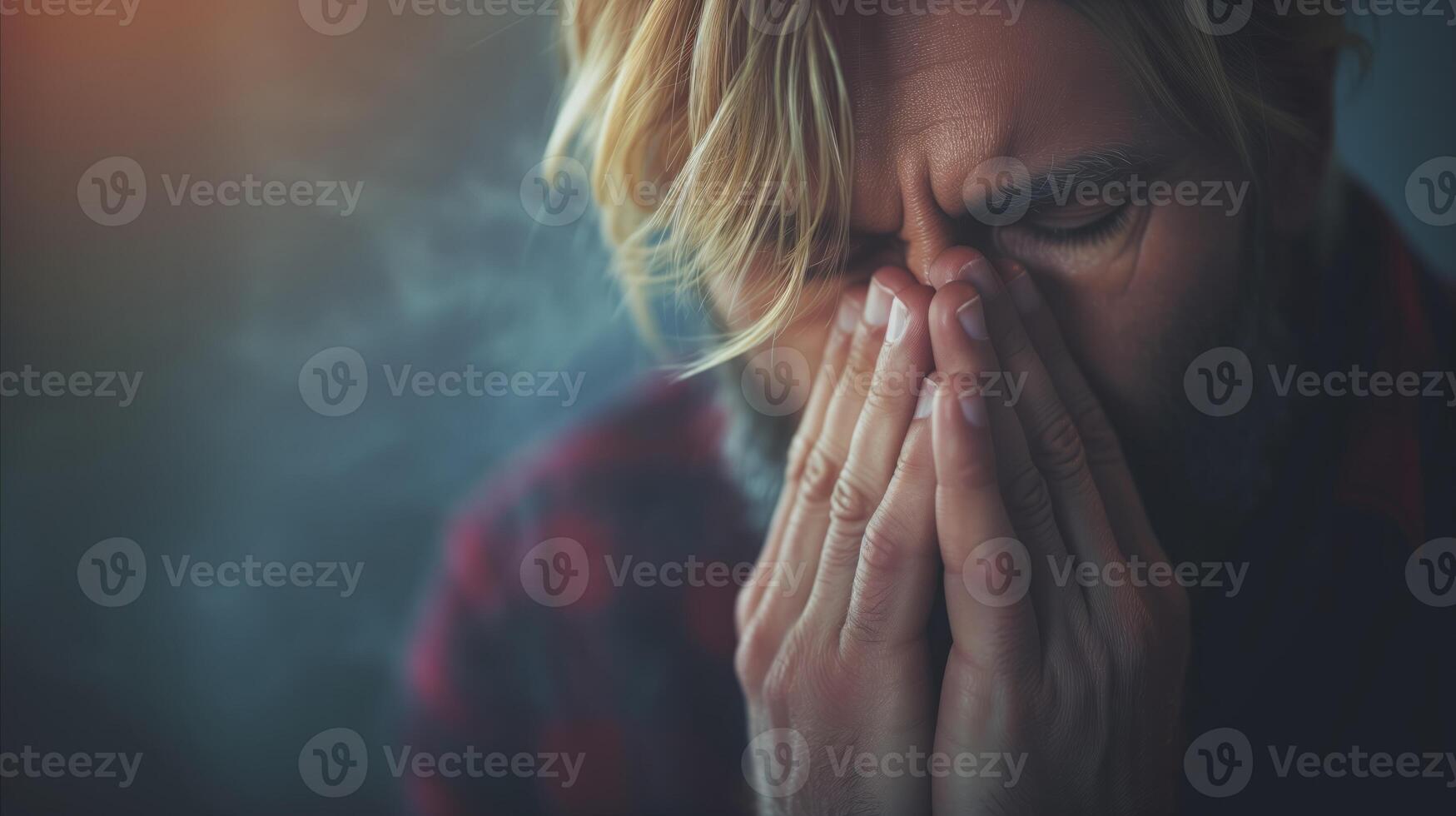 AI generated Stressed man with hands on face showing despair and exhaustion photo
