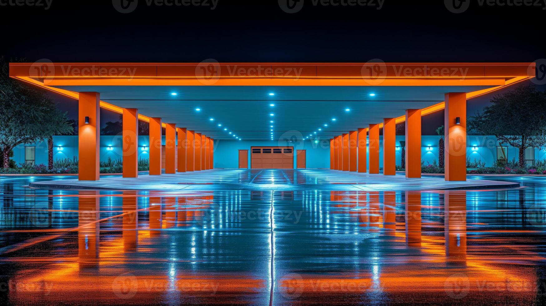 AI generated Illuminated Modern Structure at Twilight With Reflective Floor photo