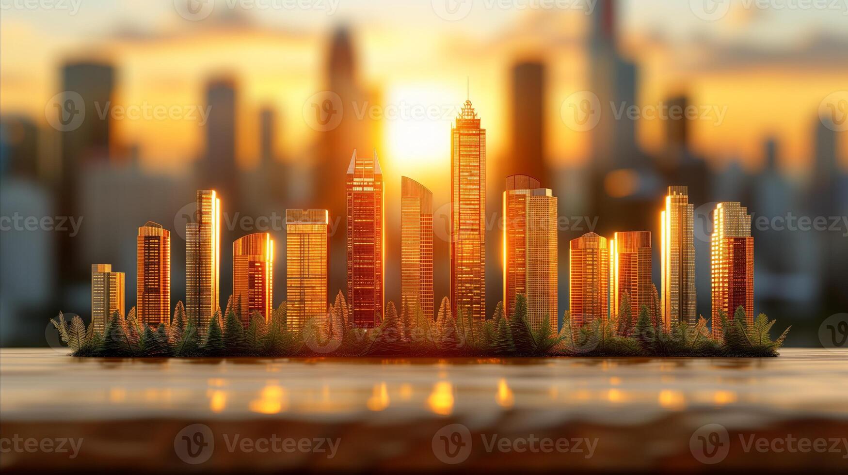 AI generated Golden hour cityscape with glowing skyscrapers and greenery photo