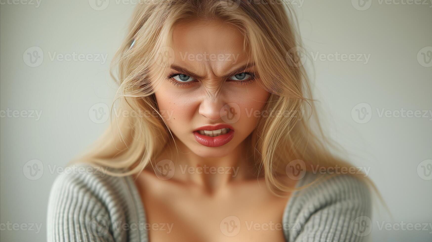 AI generated Blonde woman making an angry face with furrowed brows close-up photo