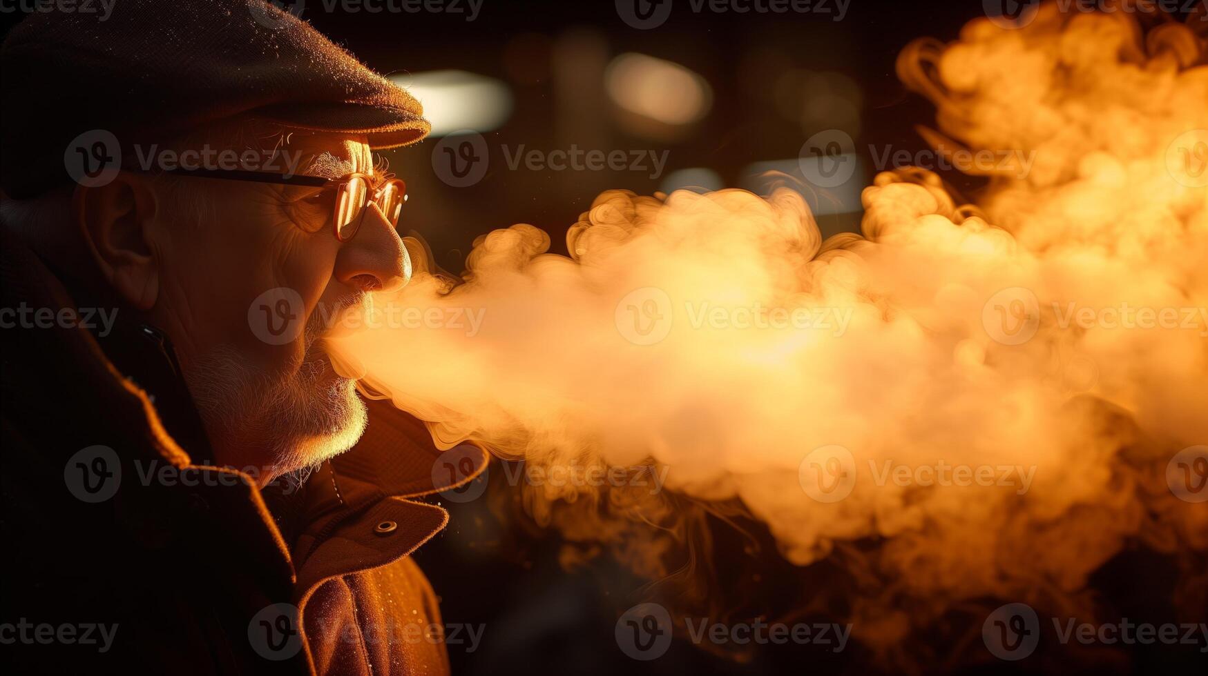 AI generated Elderly Man Exhaling Warm Breath on a Cold Evening photo