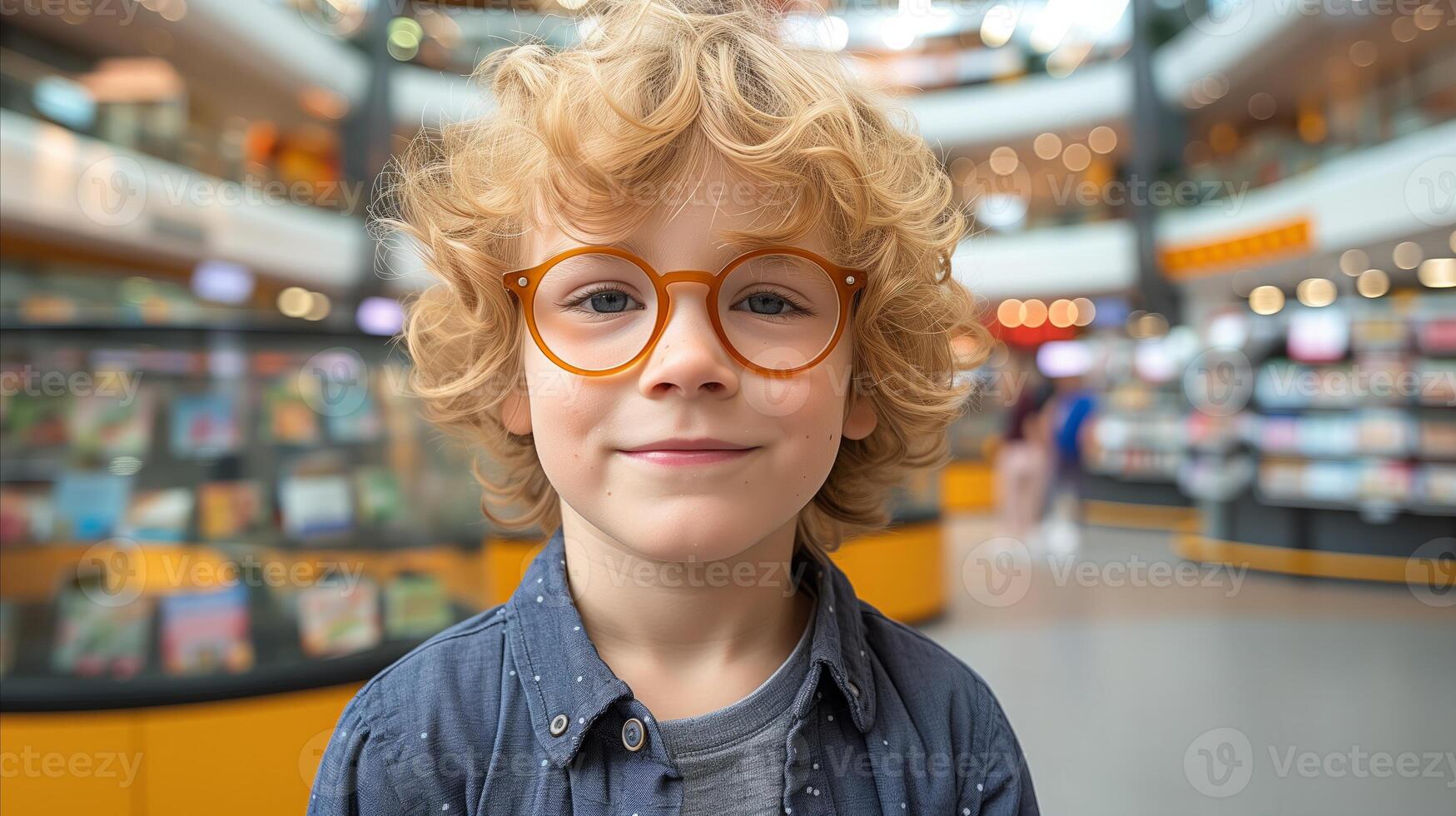 AI generated Curly haired boy with orange glasses smiling in shopping mall photo