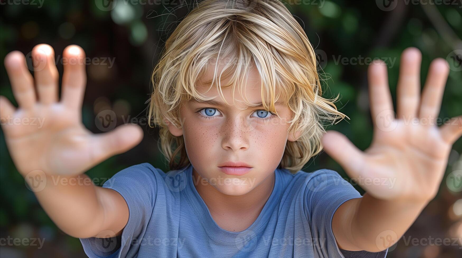 AI generated Young Boy With Hands Up in a Stopping Gesture Outdoors photo