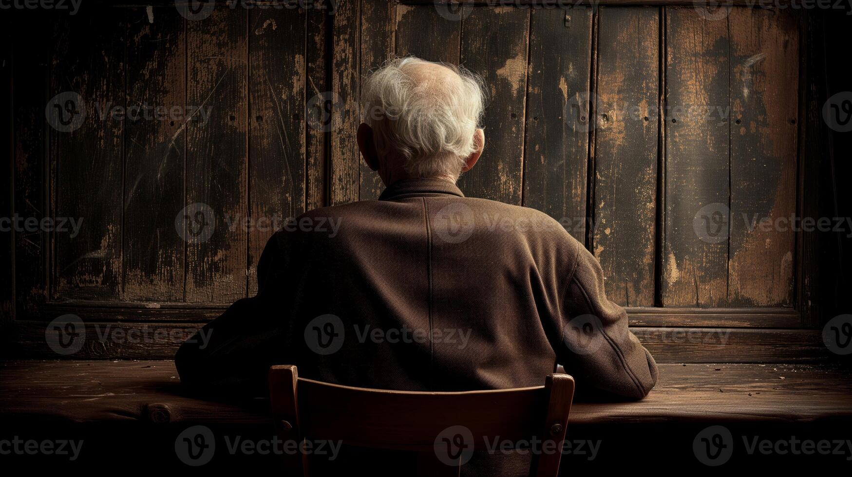 AI generated Elderly man contemplating by rustic wooden window in moody light photo