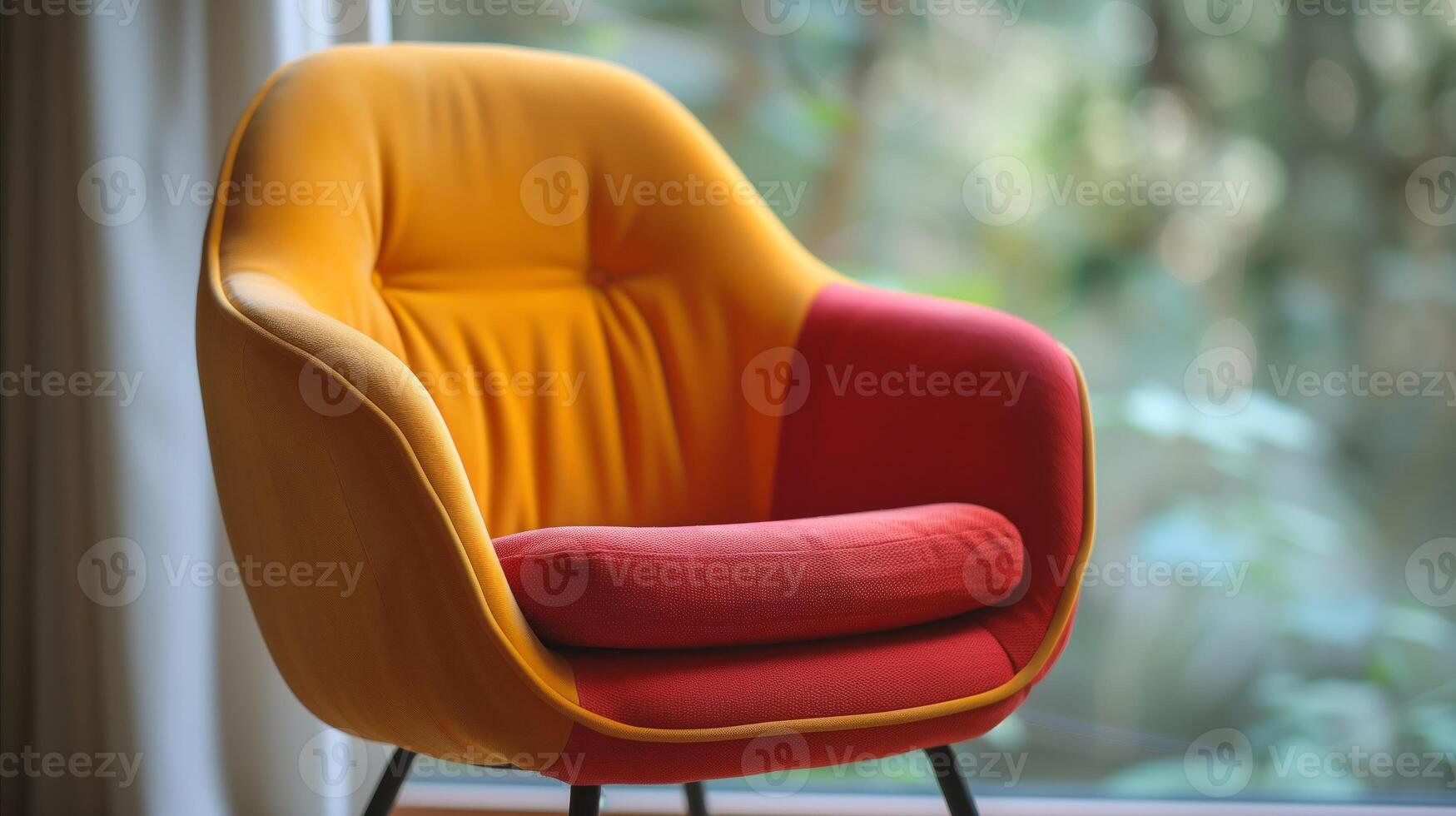 AI generated Modern yellow and red armchair in a bright living space by the window photo