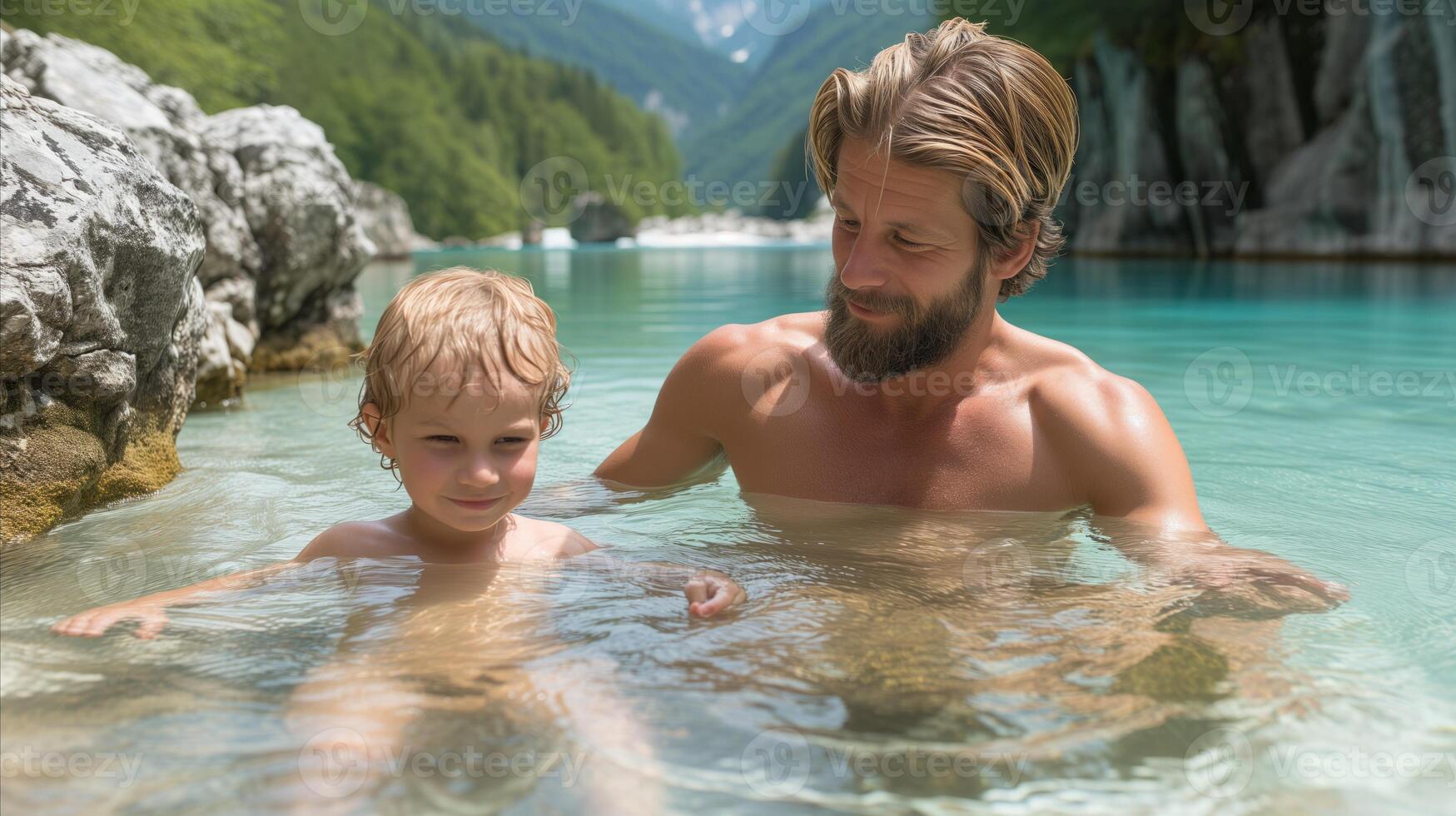 AI generated Father and Child Enjoying a Serene River Swim in Summer photo
