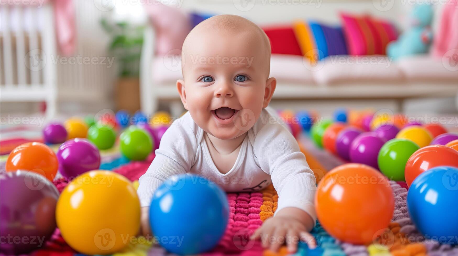 ai generado alegre bebé jugando con vistoso pelotas en tapete de juego dentro hogar foto