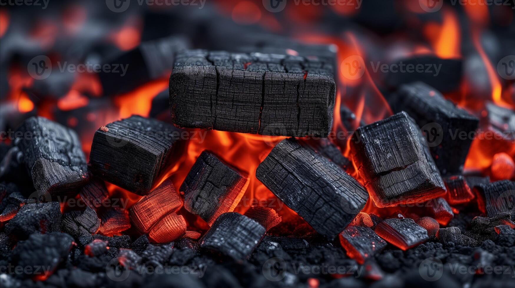 AI generated Close-up of charcoal burning with intense flames for barbecue and grilling photo