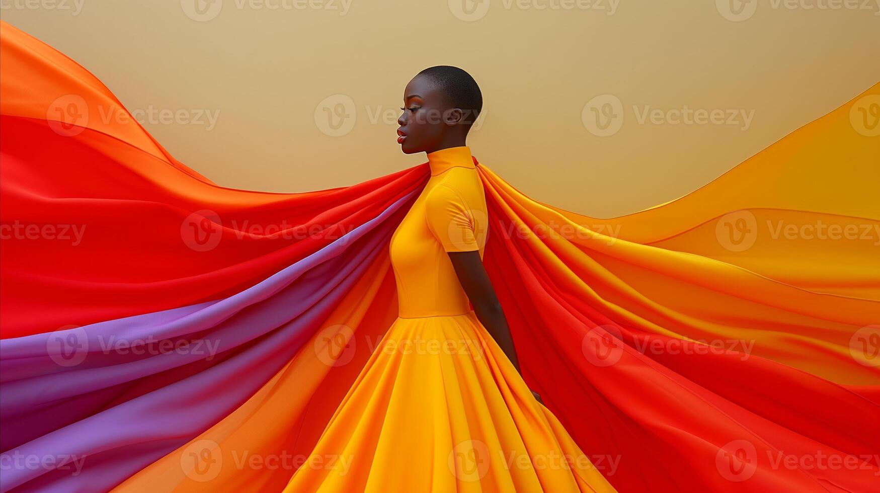 AI generated Elegant woman in vibrant yellow dress with flowing fabric on warm background photo